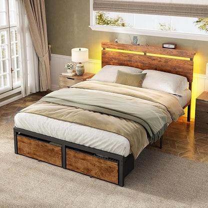 Forestell Full Size Bed Frame with Wood Headboard,2 Storage Drawers & Shelf | Built-in Charging Station & LED Lights, Metal Support, No Box Spring Needed, noise-free, easy assembly, Smart RGB, USB+Type-C