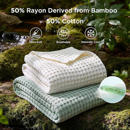 Bedsure Cooling Cotton Waffle Full Size Blanket - Lightweight Breathable Blanket of Rayon Derived from Bamboo for Hot Sleepers, Luxury Throws for Bed, Couch and Sofa, Mint Green, 80x90 Inches