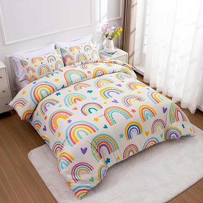 Btargot 3 Piece Kids Rainbow Comforter Set with 2 Pillow Covers, Cartoon Love Hearts Suns and Stars Bedding Set for Girls Boys, Queen Beige