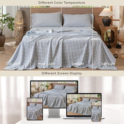 MooMee Gingham Sheet Set 100% Washed Cotton Linen Like Textured Breathable Soft w/Fully Elasticized 16-19" Deep Pocket (Classic Gingham Cornflower Blue, King)