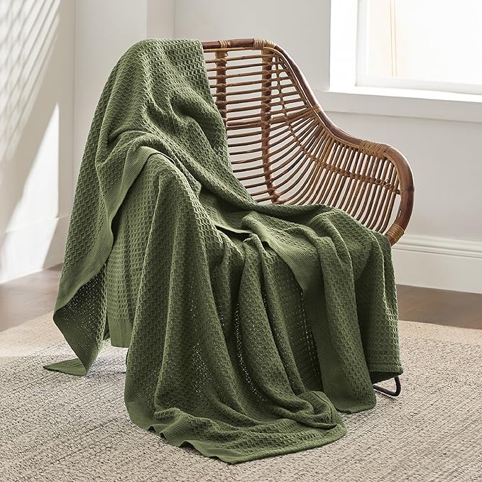 Bedsure Gentlesoft 100% Cotton Blanket Twin XL Size for College Dorm - Breathable and Soft for Spring Summer, Waffle Weave Twin Blanket for Bed, Dorm Room Essentials, Olive Green, 66x90 inches