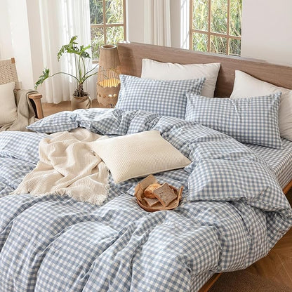 MooMee Gingham Duvet Cover Set 100% Washed Cotton Linen Like Textured Breathable Durable Soft Comfy Modern Checkered Design (Classic Gingham Cornflower Blue, Palatial King/Oversized King 120"x98")