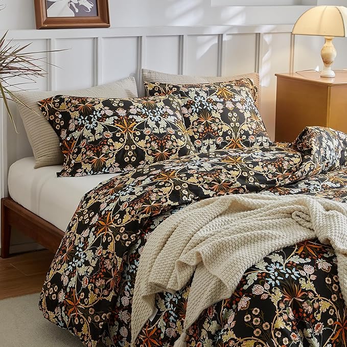 mixinni Duvet Cover Twin XL Size, Cotton Percale Farmhouse Bedding Sets Soft Aesthetic Flowers Plants Comforter Cover for All Season, 3 Pieces Cute Floral Bedding Comforter Set for Women-Twin XL