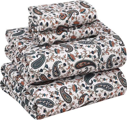 RUVANTI 100% Cotton Sheets – Full Size Percale Bedding, Cooling & Breathable Floral Design, Durable with a Crisp, Soft & Comfortable Feel, 16" Deep Pocket, 4-Piece Set, Teal Paisley