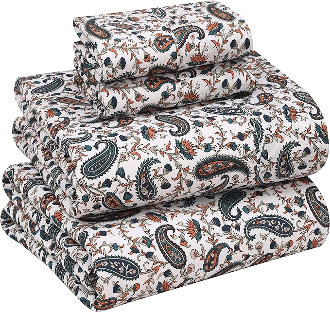 RUVANTI 100% Cotton Sheets – California King Percale Bedding, Cooling & Breathable Floral Design, Durable with a Crisp, Soft & Comfortable Feel, 14" Deep Pocket, 4-Piece Set, Teal Paisley