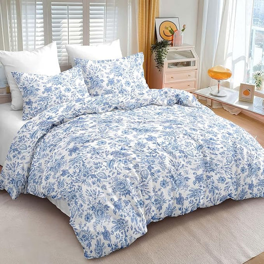 Nayoroom Blue Floral Comforter Set Queen Size Blue and White Botanical Flower Pattern Spring Bedding Set 3 Pieces Soft Lightweight Aesthetic Garden Comforter for All Seasons