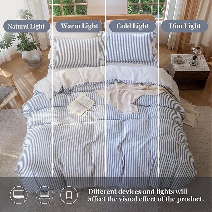 MILDLY Blue Striped Duvet Cover - 100% Washed Cotton Jacquard Boho Textured Comforter Cover 3pcs with Zipper Closure 80"x90"