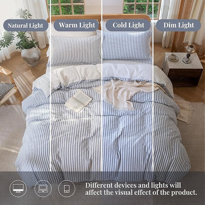 MILDLY Blue Striped Duvet Cover - 100% Washed Cotton Jacquard Boho Textured Comforter Cover 3pcs with Zipper Closure 80"x90"