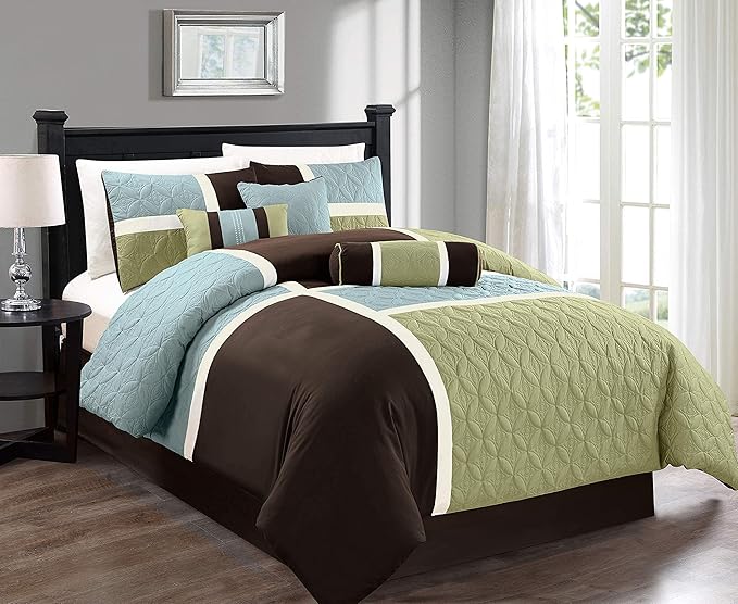 Chezmoi Collection 7-Piece Quilted Patchwork Comforter Set, Coffee Brown/Aqua Blue/Sage Green, King