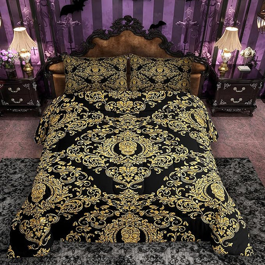 Feelyou Adults Golden Vintage Damask Floral Comforter Set Oriental Antique Comforter Twin Size Gothic Bohemia Boho Bedding Set Exotic Sugar Skull Duvet Set Quilt Set 2Pcs