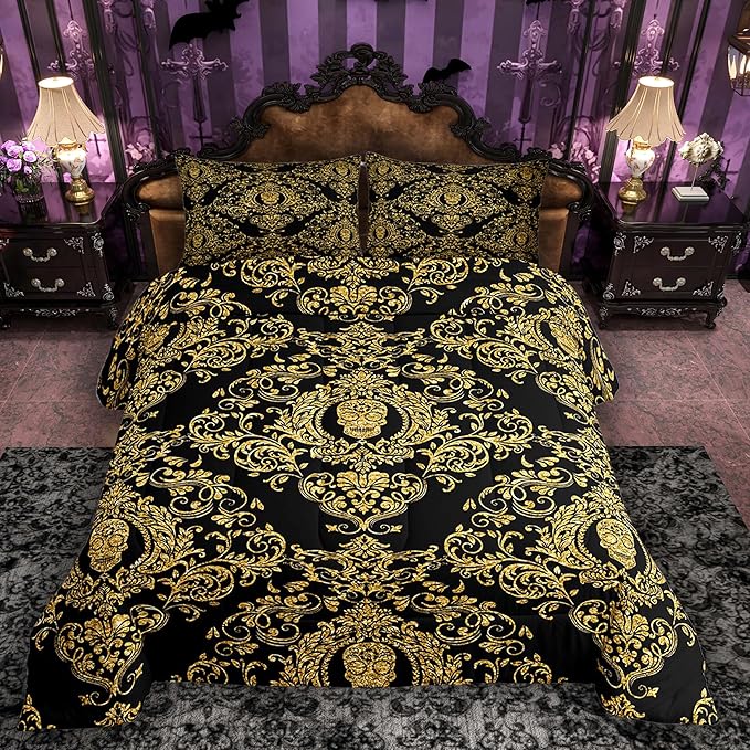 Feelyou Adults Golden Vintage Damask Floral Comforter Set Oriental Antique Comforter Full Size Gothic Bohemia Boho Bedding Set Exotic Sugar Skull Duvet Set Quilt Set 3Pcs