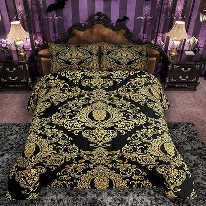 Feelyou Adults Golden Vintage Damask Floral Comforter Set Oriental Antique Comforter Full Size Gothic Bohemia Boho Bedding Set Exotic Sugar Skull Duvet Set Quilt Set 3Pcs