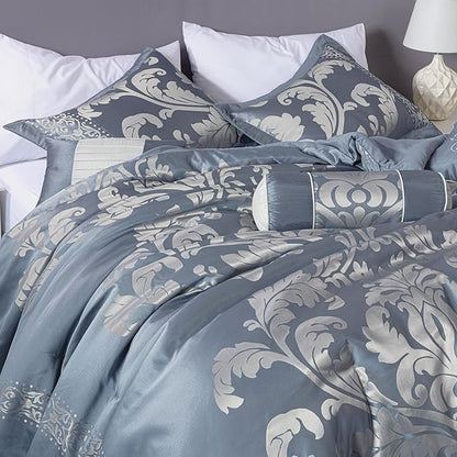 Chezmoi Collection Royale 7-Piece Jacquard Floral Comforter Set, Queen, Grayish Blue/Gray
