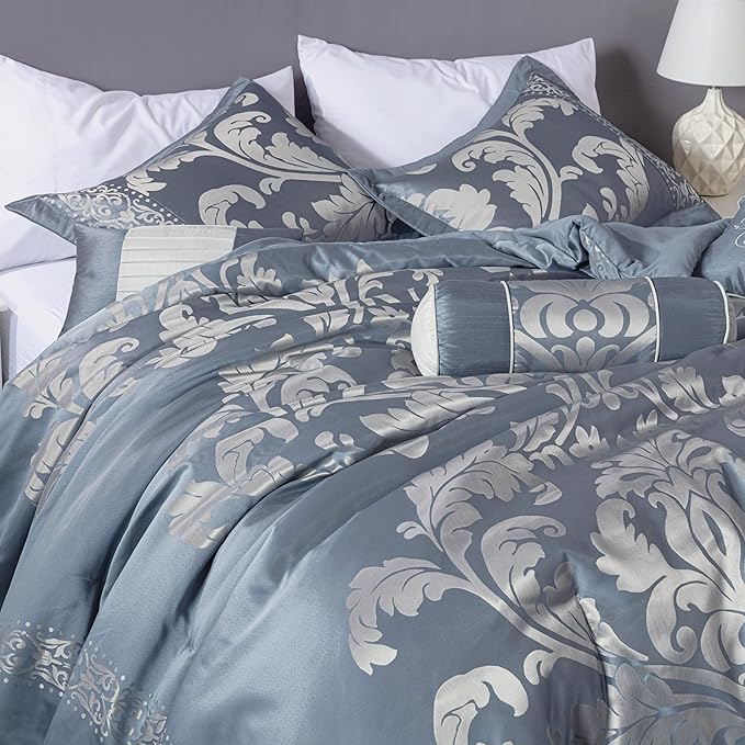 Chezmoi Collection Royale 7-Piece Jacquard Floral Comforter Set, King, Grayish Blue/Gray