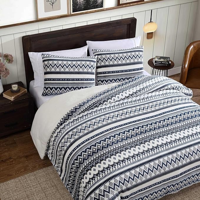 Eddie Bauer - Full/Queen Comforter Set, Reversible Plush Bedding with Matching Shams, Super Soft Luxurious Bedding Set, Oeko-Tex Certified (Shelton Fair Isle Navy, Full/Queen)