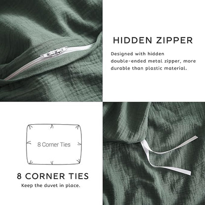 SE SOFTEXLY Muslin Duvet Cover Oversized King Size, 100% Washed Cotton Duvet Cover Set, Ultra Soft Comforter Cover Linen Like, 3 Pieces Gauze Duvet Cover with 2 Pillowcases, 98"x120", Forest Green