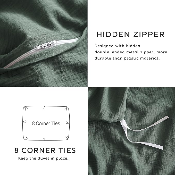 SE SOFTEXLY Muslin Duvet Cover King Size, 100% Washed Cotton Duvet Cover Set, Ultra Soft Comforter Cover Linen Like, 3 Pieces Minimalist Gauze Duvet Cover with 2 Pillowcases, 90"x104", Forest Green