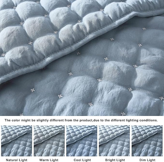 WDCOZY Queen Size Quilts Bedding Sets with 2 Pillow Shams, Lightweight Soft Bedspread Coverlet, Quilted Blanket Thin Comforter Bed Cover for All Season, 3 Pieces, 90x90 inches, Blue