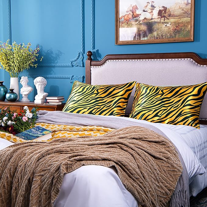 NTBAY 2 Pack Satin Queen Pillowcases for Hair and Skin, Luxurious and Silky Zebra Printed Pillow Cases with Envelope Closure, 20x30 Inches, Yellow and Black