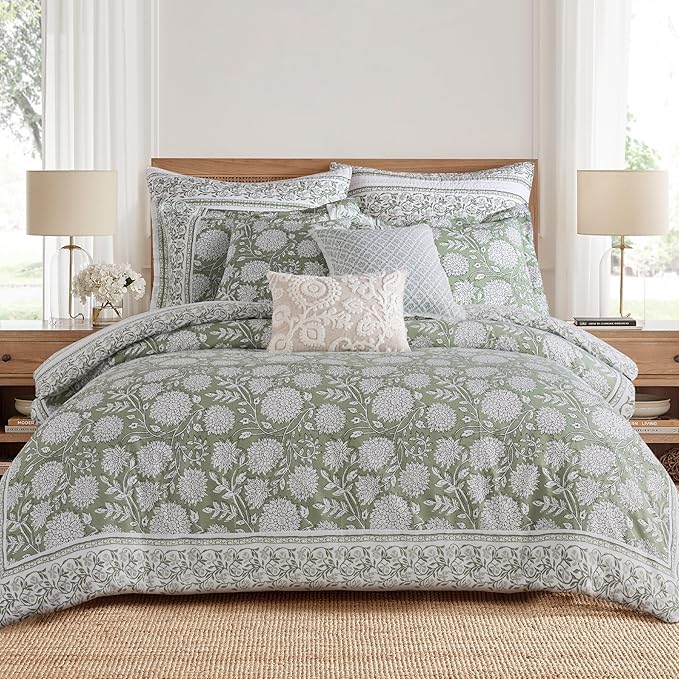 Levtex Home Adare Sage Reversible Twin/Twin XL Comforter Set (68x88in) with 1 Pillow Sham (26x20in) - Floral Bedding - Sage and White - 100% Cotton Twin Size Comforter Set - Soft, Pre-Washed