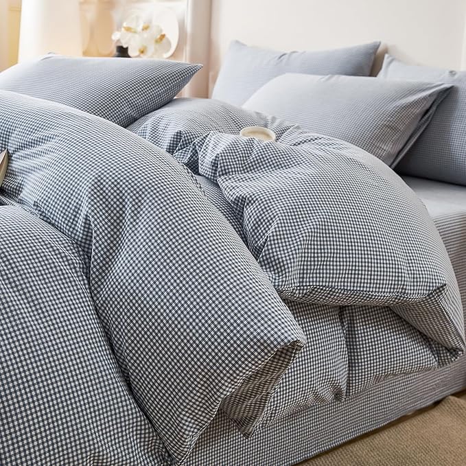 EAVD Modern Style Gingham Duvet Cover Twin Soft 100% Washed Cotton Blue and White Plaid Duvet Cover Set with 2 Pillowcases Reversible Farmhouse Geometric Checkered Bedding Set with Zipper