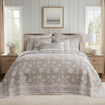 Levtex Home – Adare Taupe Bedspread Set – Twin Bedspread (80x106in.) and 1 Standard Sham (20x26in.) – Floral Botanical Design – Taupe and White – Reversible – Cotton