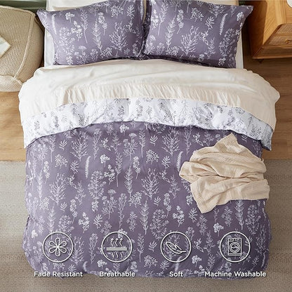 Bedsure Duvet Cover King Size - Reversible Grayish Purple King Duvet Cover Set with Zipper Closure, 3 Pieces Cute Floral Patterned Bedding Set with 8 Corner Ties and 2 Pillow Shams