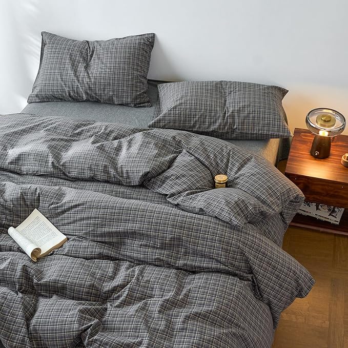 EAVD Vintage Style Grey Plaid Gingham Duvet Cover Twin 100% Washed Cotton Like Linen Feel Soft Grid Plaid Bedding Set with 2 Pillowcases Farmhouse Grid Geometric Pattern Duvet Cover with Zipper