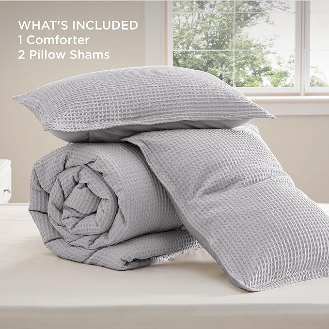 Bedsure Waffle Comforter Set Queen, Grey Soft Bedding, Waffle Weave Bed Set, 3 Pieces, 1 Comforter (90"x90") and 2 Pillow Shams, Cotton Shell and Polyester Lining for All Seasons