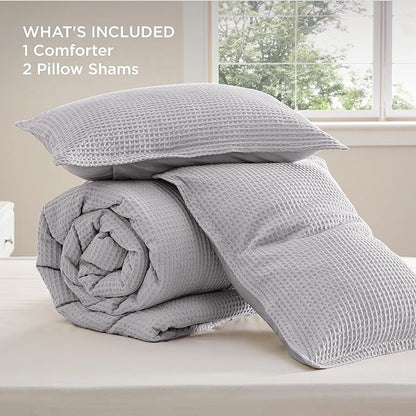 Bedsure Waffle Comforter Set Queen, Grey Soft Bedding, Waffle Weave Bed Set, 3 Pieces, 1 Comforter (90"x90") and 2 Pillow Shams, Cotton Shell and Polyester Lining for All Seasons