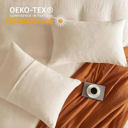 SE SOFTEXLY Muslin Duvet Cover Queen Size, 100% Washed Cotton Duvet Cover Set, Ultra Soft Comforter Cover Linen Like, 3 Pieces Minimalist Gauze Duvet Cover with 2 Pillowcases, 80"x90", Off-White