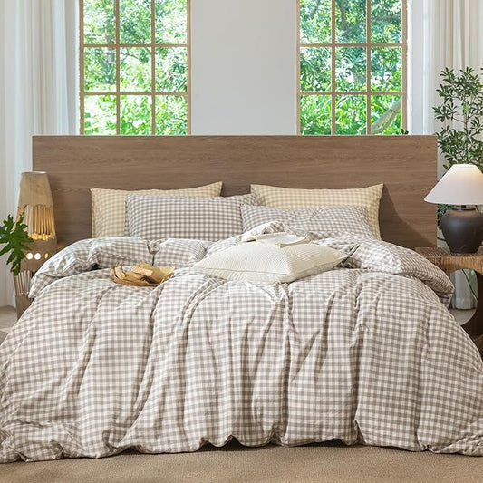MooMee Gingham Duvet Cover Set 100% Washed Cotton Linen Like Textured Breathable Durable Soft Comfy Modern Checkered Design (Tannish Linen Grey Gingham, Queen 90"x90")