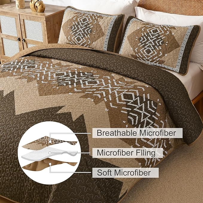 Dintszyayue Brown Quilt Set Queen Size,3 Piece Boho Aztec Texture Bedspread Coverlet Set Reversible Lightweight Bedding Set Geometric Bohemian Bed Cover with 2 Pillowcases(Dark Brown,90"x96")