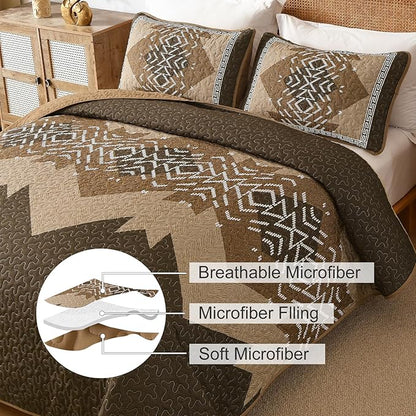Dintszyayue Brown Quilt Set Queen Size,3 Piece Boho Aztec Texture Bedspread Coverlet Set Reversible Lightweight Bedding Set Geometric Bohemian Bed Cover with 2 Pillowcases(Dark Brown,90"x96")