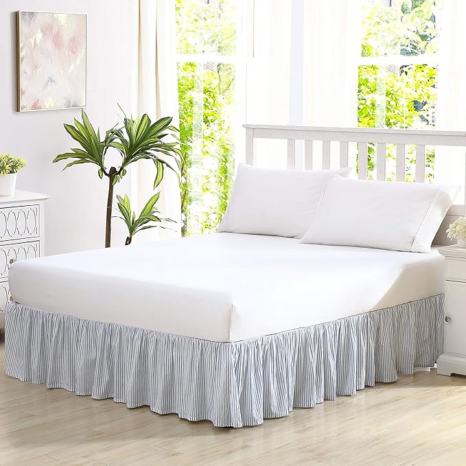 Laura Ashley - Queen Size Bedskirt, Soft Cotton Ruffled Bedding for Year Round Use, Striped Bedding with 14.5" Drop (Ticking Stripe Blue)