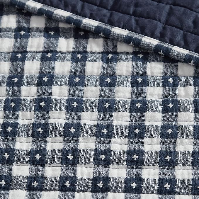 Levtex Home - Camden Gingham Stitch Navy Quilted Throw (50x60in) - Textured Gingham - Lightweight Cotton Throw Blanket - Navy and White - Reversible - Cotton