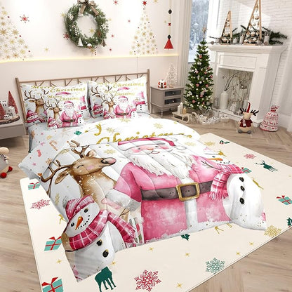 Castle Fairy Cute Santa Claus 7 Pieces Bedding Set Queen Bed in a Bag,Winter Snowman Deer Watercolor Christmas Theme Comforter Set,Geometric Snowflakes Gold Print Soft Warm Microfiber Bedding