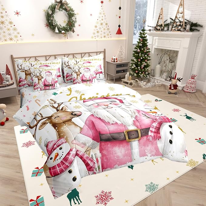 Castle Fairy Cute Santa Claus 7 Pieces Bedding Set King Bed in a Bag,Winter Snowman Deer Watercolor Christmas Theme Comforter Set,Geometric Snowflakes Gold Print Soft Warm Microfiber Bedding