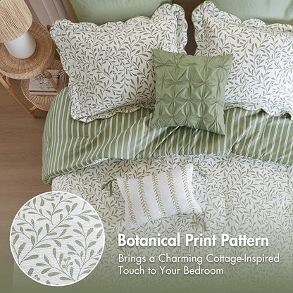 Madison Park 5-Piece Reversible Botanical Comforter Set - Summer Floral Print with Scalloped Edges, Lightweight Bedding with Decorative Pillows, King, Sage Green | Reversible, Lightweight
