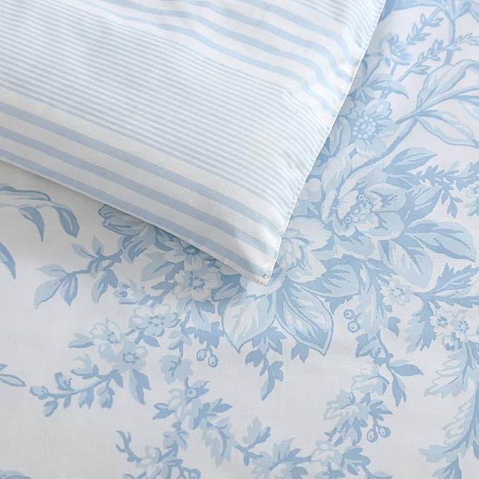 Laura Ashley- King Comforter Set, Cotton Reversible Bedding Set with Matching Sham(s), Farmhouse Home Décor (Bedford Blue, King)