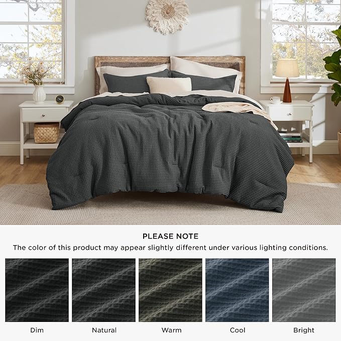 Bedsure Waffle Comforter Set California King, Charcoal Soft Bedding, Waffle Weave Bed Set, 3 Pieces, 1 Comforter (104"x96") and 2 Pillow Shams, Cotton Shell and Polyester Lining for All Seasons