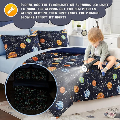 Full Kids Comforter Set - 7 Pieces Full Bedding Sets for Boys Teen, Glow in The Dark Space Bed in A Bag with Sheets