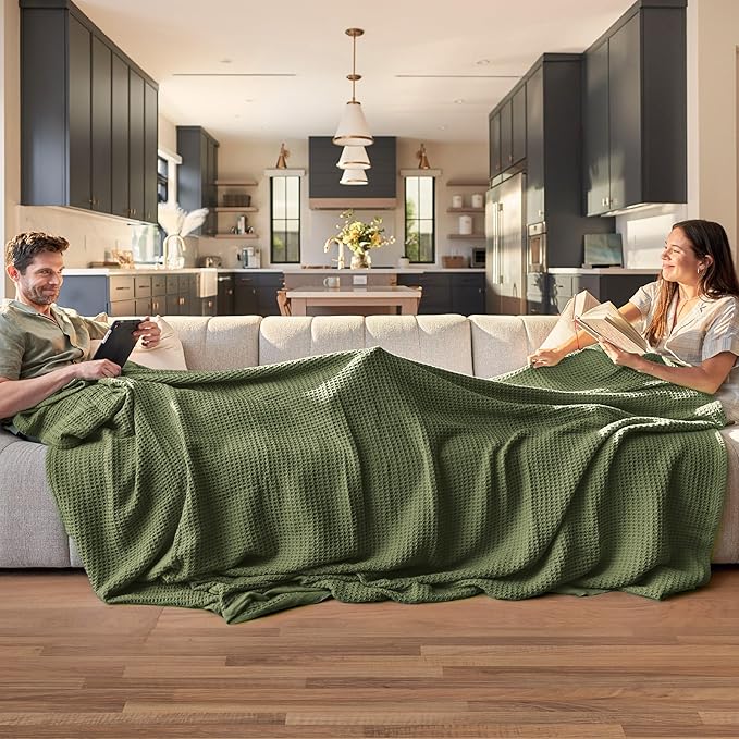 Bedsure Gentlesoft 100% Cotton Throw Blanket for Couch 50x70 inches - Breathable and Soft for Spring Summer, Waffle Weave Throw Blanket for Office, Olive Green