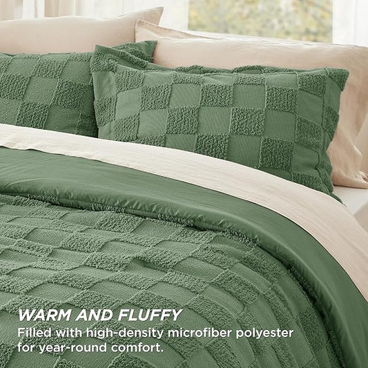 Bedsure Queen Size Comforter Set Green, Boho Tufted Bed Set, Checkered Farmhouse Shabby Chic Bedding, 3 Pieces, 1 Plaid Geometric Comforter and 2 Pillow Shams