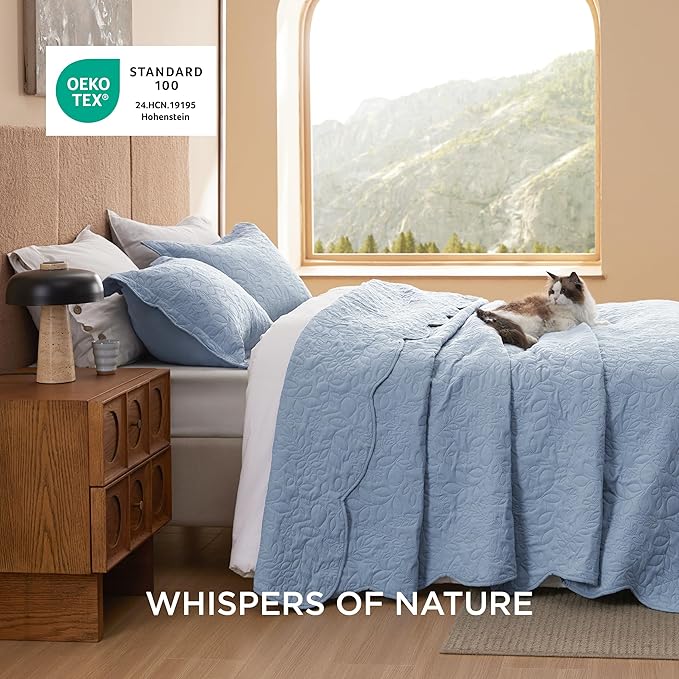 Bedsure Quilt King Size - Ultra Soft Pre-Washed Cloud-Like Bedding, All-Season Lightweight Comforter for Country Bedroom, Leaf Design Coverlet in Mineral Blue, 106 x 96 Inches | Stitch-Free Quilting, Ultra Soft, Lightweight, Machine Washable, Pet-Friendly