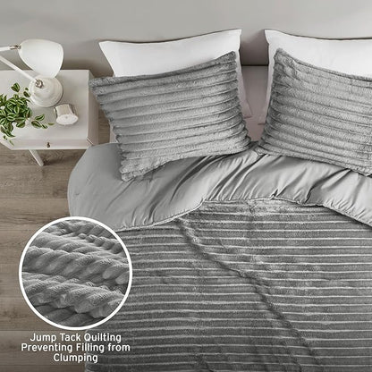 Intelligent Design King Comforter Set, Cozy Plush Bedding, Microfiber Reverse, 3 Piece, Lightweight, Super Soft Ribbed Velvet Comforter 2 Shams, All Season Fluffy Bed Set, Avril, King/Cal King Grey