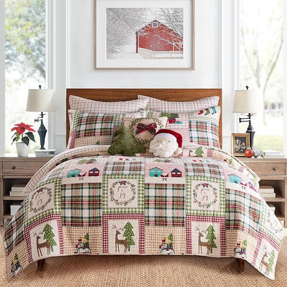 Levtex Home - Home for Christmas Sage Quilt Set - King Quilt (106x92in.) + Two Shams (20x36in.) - Patchwork Holiday - Red Green White - Reversible - Cotton