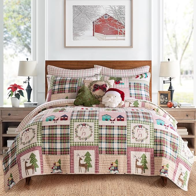 Levtex Home - Home for Christmas Sage Quilt Set - Twin Quilt (68x86in.) + One Sham (20x26in.) - Patchwork Holiday - Red Green White - Reversible - Cotton