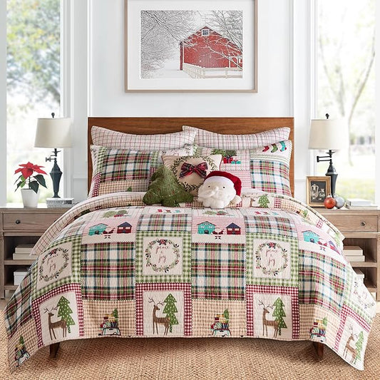Levtex Home - Home for Christmas Sage Quilt Set - Full/Queen Quilt (88x92in.) + Two Shams (20x26in.) - Patchwork Holiday - Red Green White - Reversible - Cotton