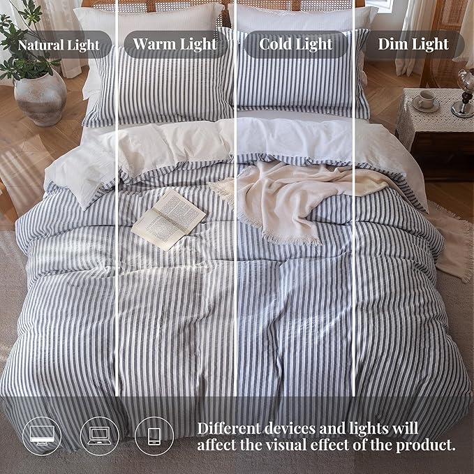 MILDLY Dark Grey Striped Duvet Cover - 100% Washed Cotton Jacquard Textured Comforter Cover with Dual Zipper Closure & 8 Coner Ties